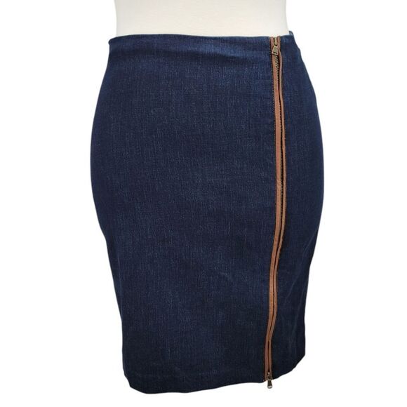 Lauren Ralph Lauren Denim Pencil Skirt with Zippered Slit and Lamb Leather Trim - Picture 1 of 13